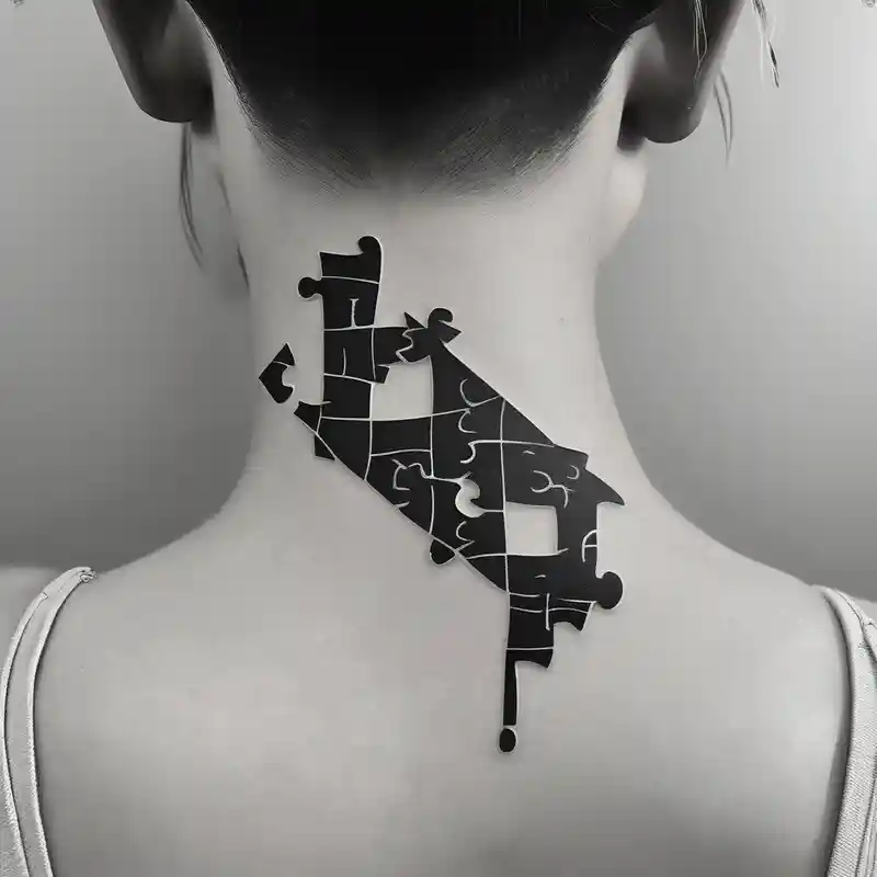 side of the neck puzzle piece tattoo where one of the pieces says Rella drake tattoos